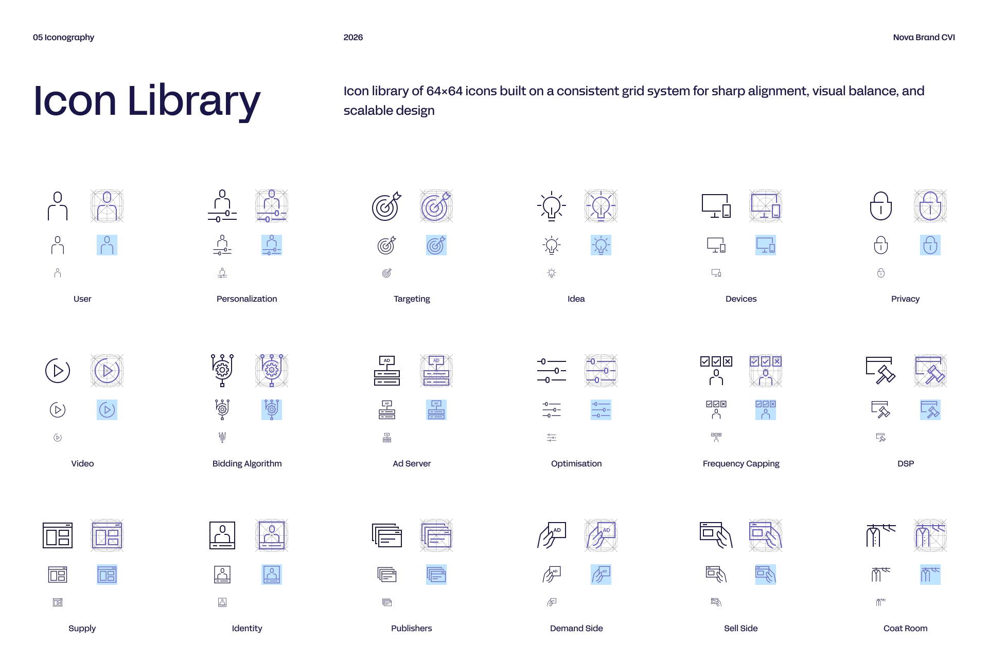 Nova Icon Library interface showing custom icons organised on a consistent master grid