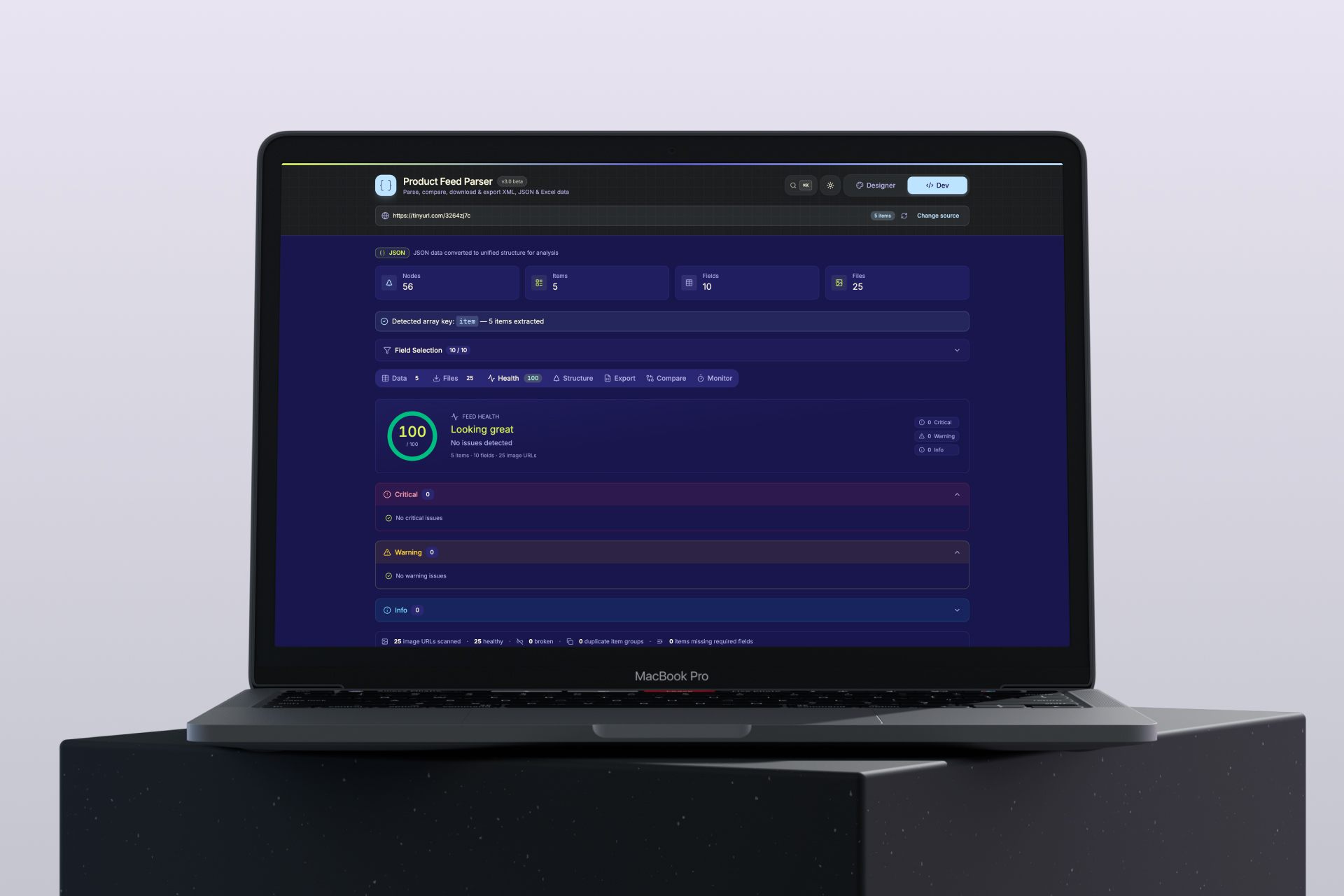 Product Feed Parser interface showing a parsed product data feed workspace