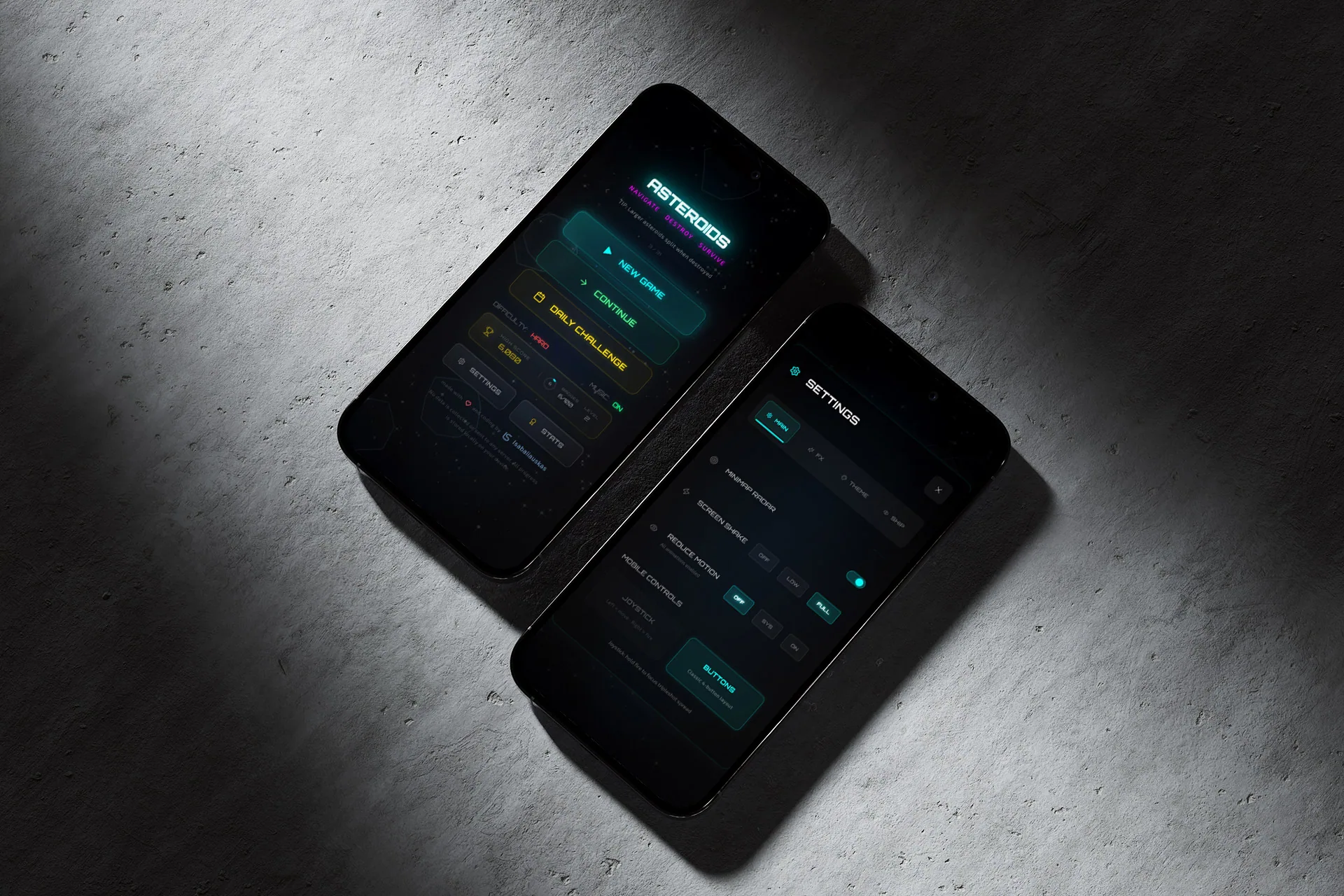 Asteroids Neon Oblivion on two phones – main menu and settings screens on a concrete backdrop