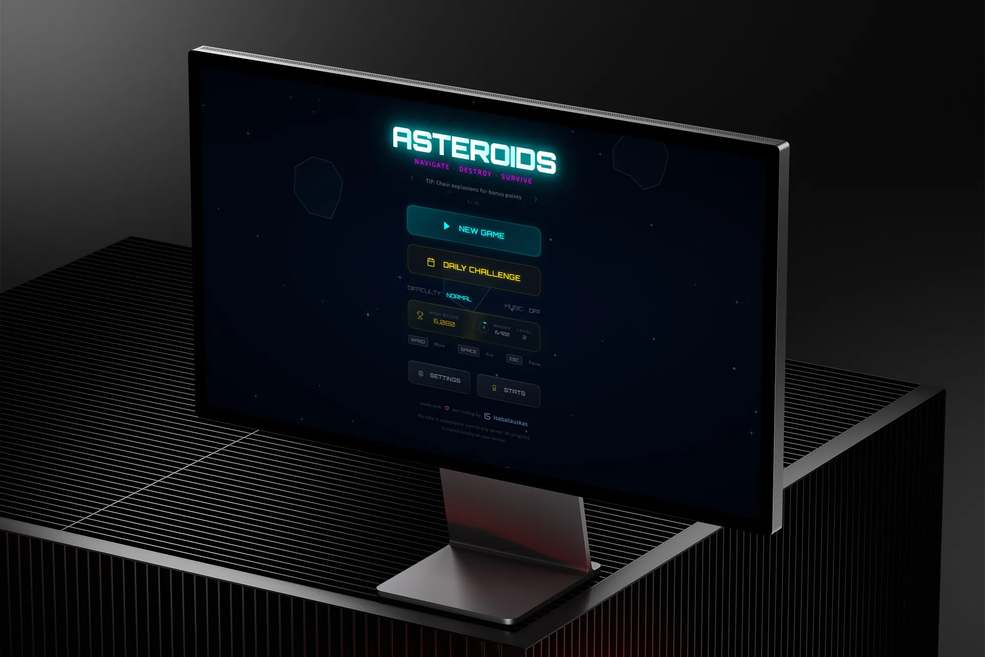 Desktop monitor mockup showing the game's main menu