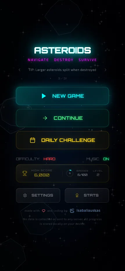 Mobile main menu with new game, continue, daily challenge, difficulty and stats