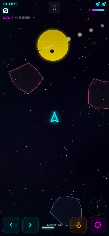 Mobile gameplay – neon ship among asteroids near a large yellow planet, with HUD and touch controls