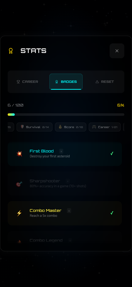 Achievements grid with category filters and progress toward 100 badges