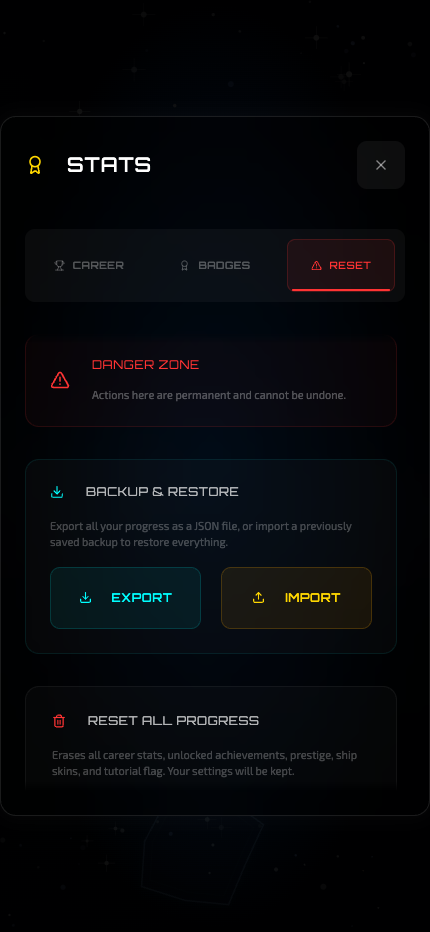 Backup and restore panel with export, import and danger-zone reset controls