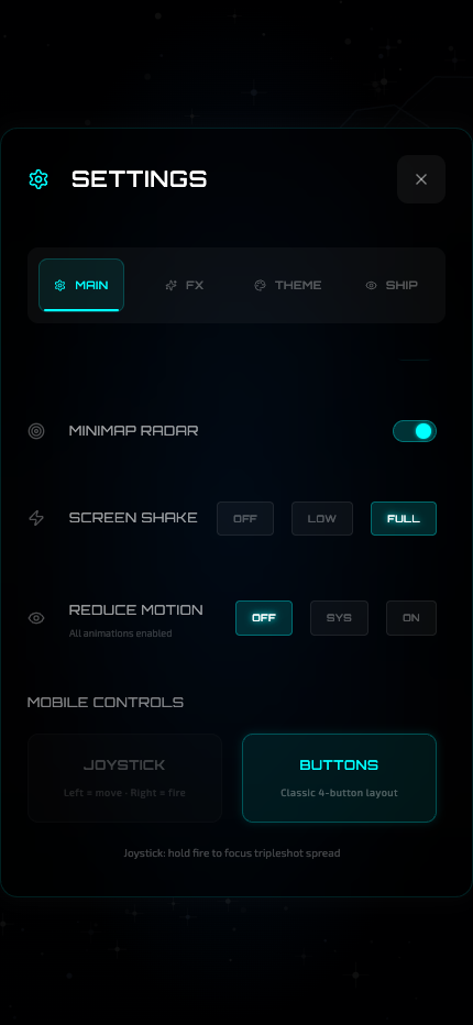 Settings main tab – minimap radar, screen shake, reduce motion and mobile control schemes
