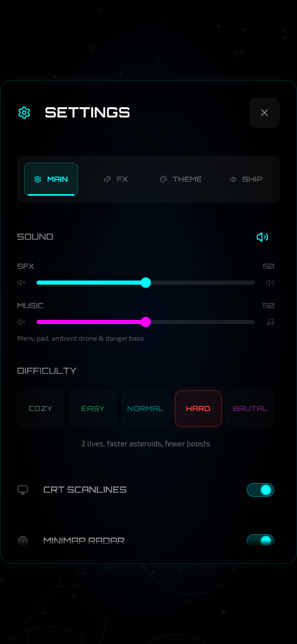 Settings sound and difficulty – SFX and music sliders, five difficulties from cozy to brutal, CRT scanlines