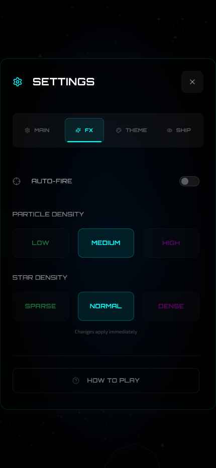 Settings effects tab – autofire, particle density and star density