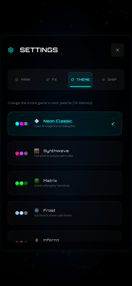 Theme selector offering 14 color palettes, from Neon Classic to Frost
