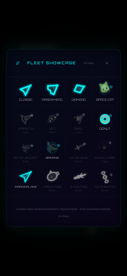 Fleet showcase of 22 unlockable ship designs with achievement requirements