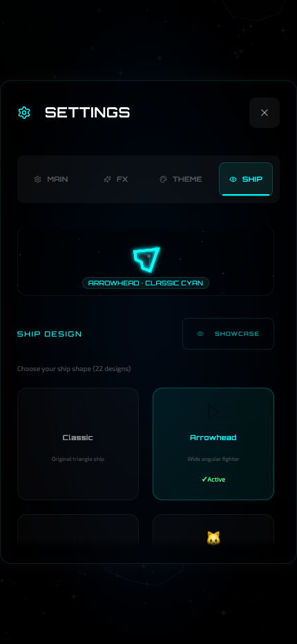 Settings ship tab with design selection and fleet showcase