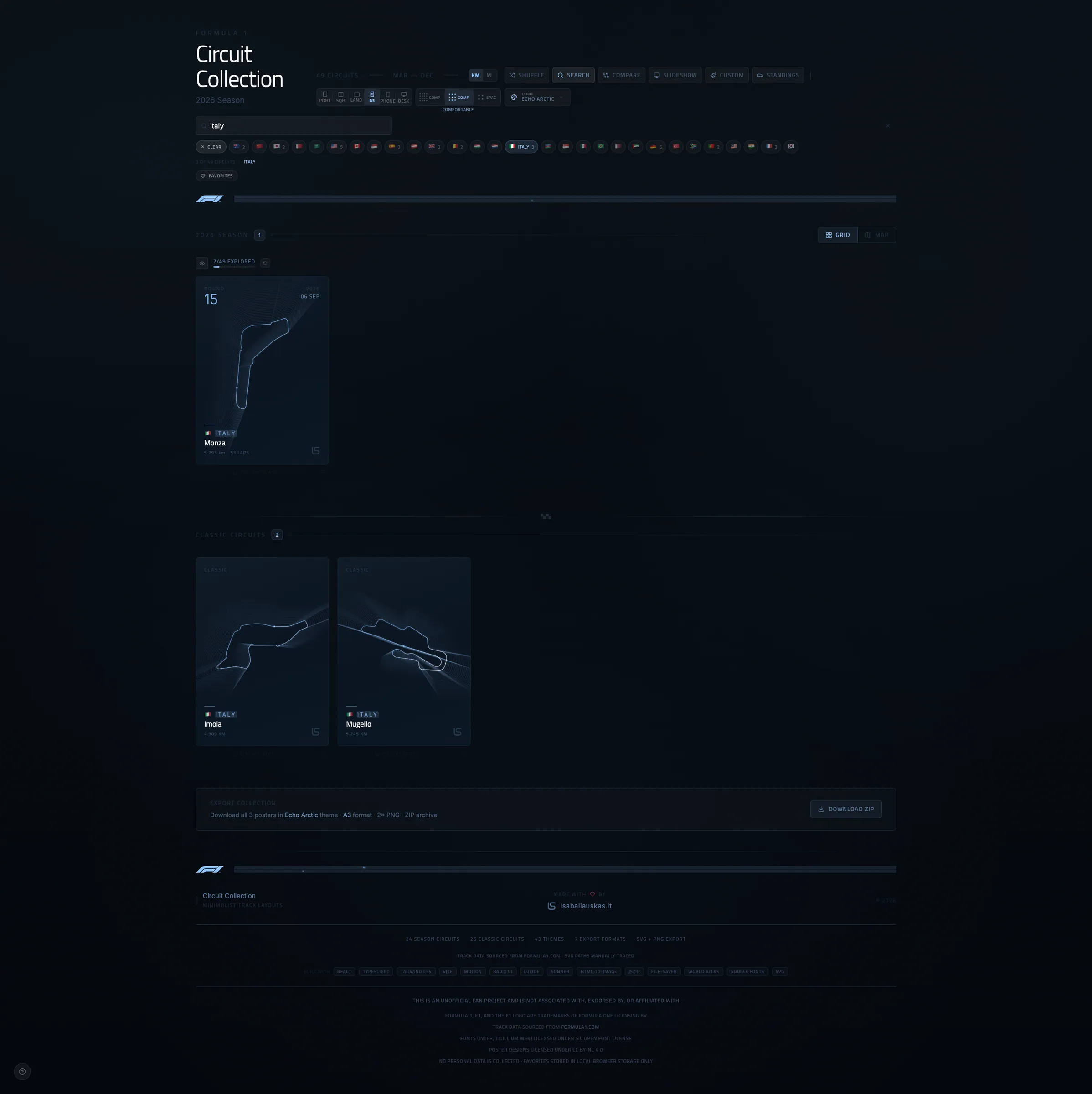 F1 circuit poster – dark theme with accent-colored track layout