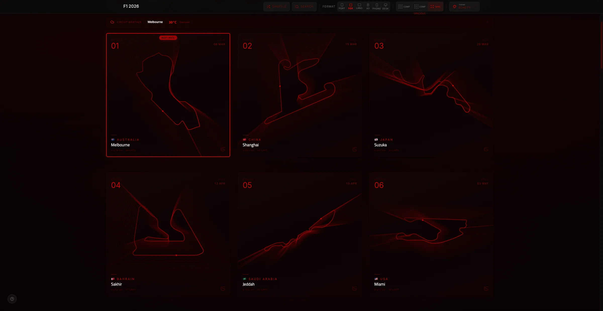 F1 circuit poster – dark theme with accent-colored track layout