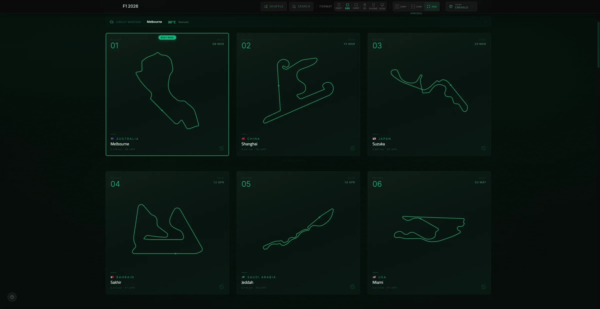 F1 circuit poster – dark theme with accent-colored track layout