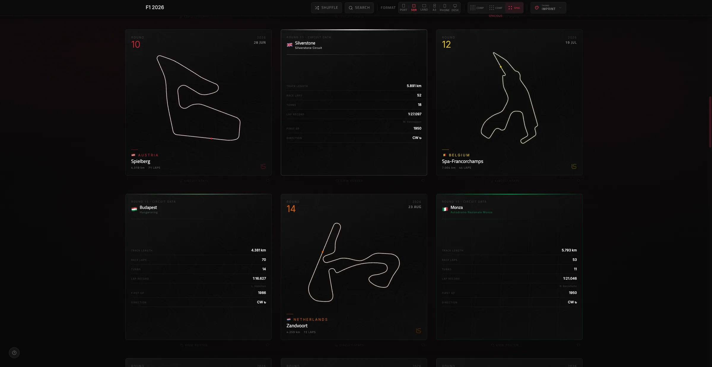 F1 circuit poster – dark theme with accent-colored track layout