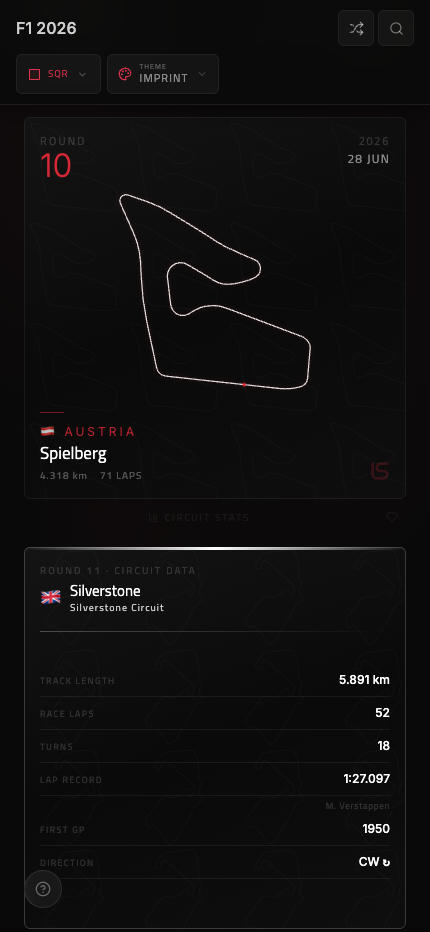 F1 circuit poster – dark theme with accent-colored track layout