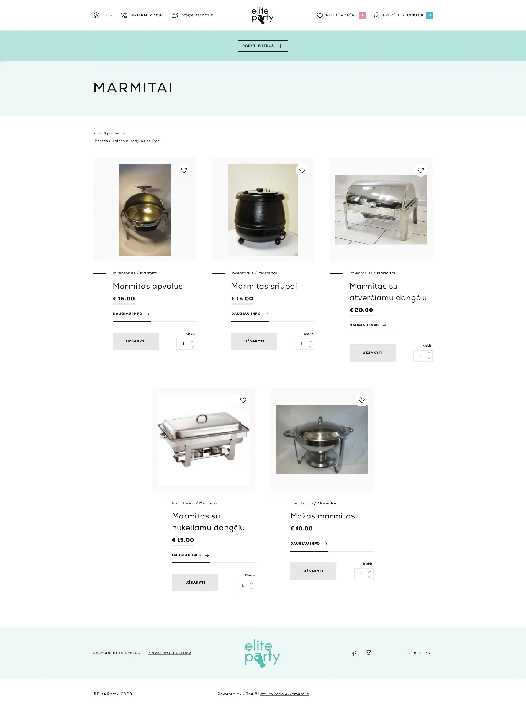 Eliteparty.lt inventory page – category navigation collapsed