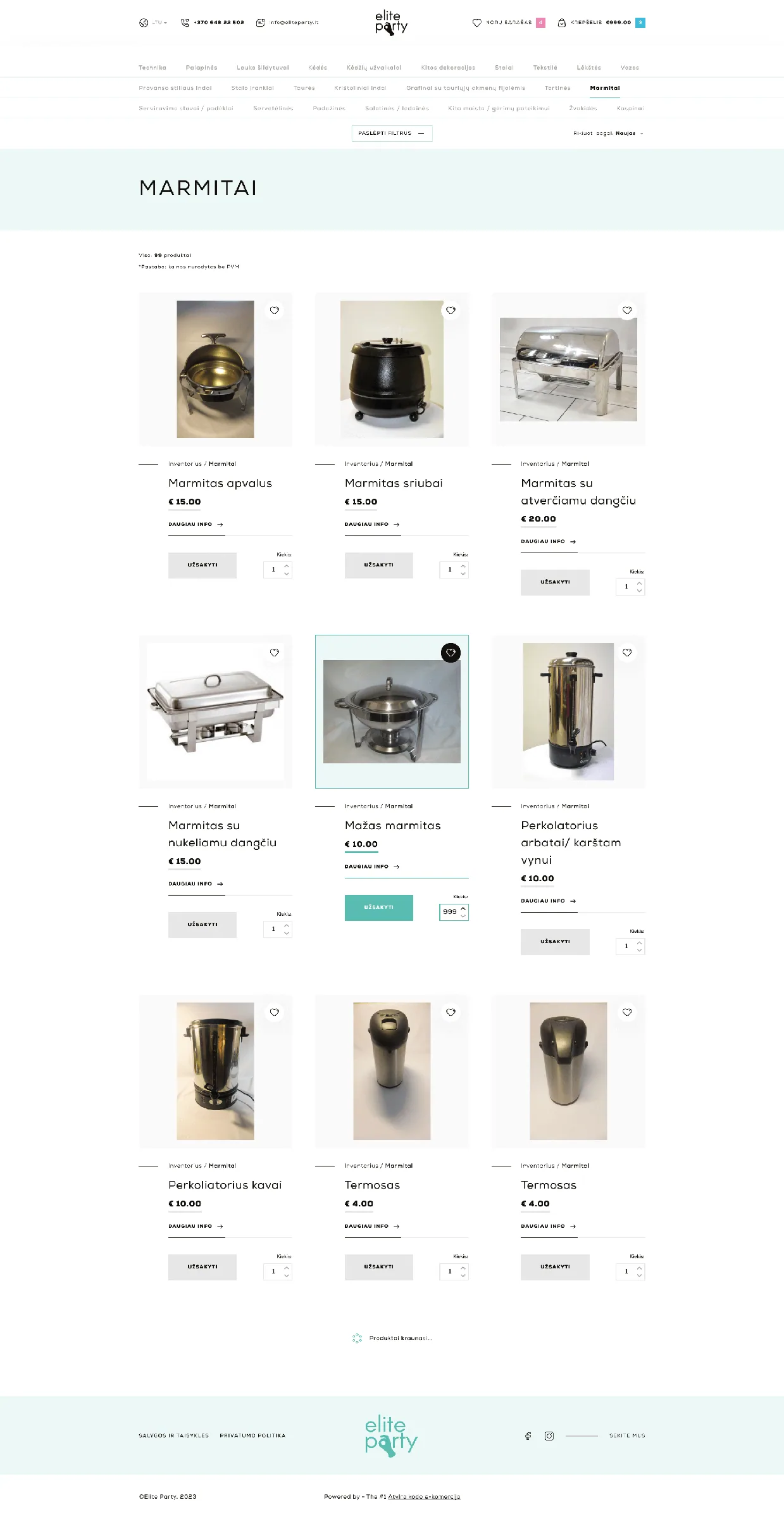 Eliteparty.lt inventory page – category navigation expanded