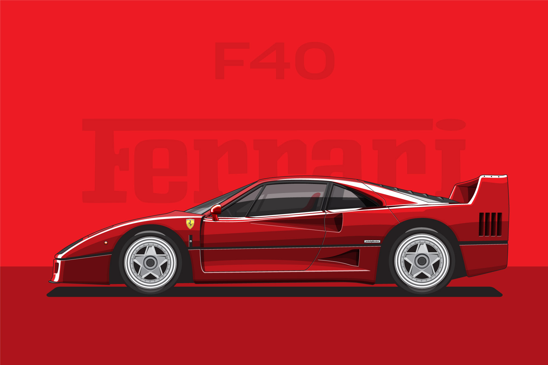 Ferrari F40 — Flat vector portrait of the Ferrari F40. Artwork by Lukas Sabaliauskas