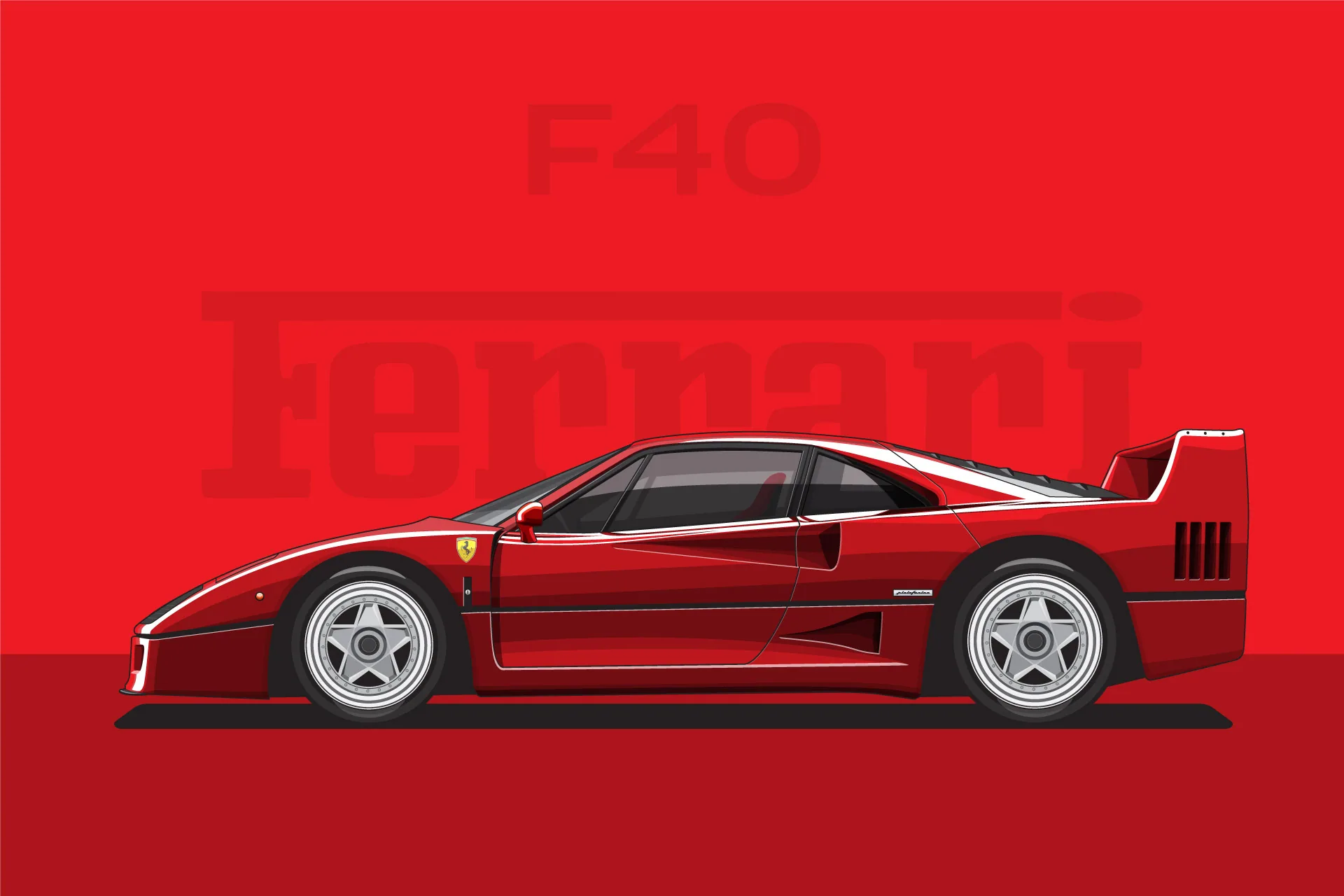 Ferrari F40 – Flat vector portrait of the Ferrari F40. Artwork by Lukas Sabaliauskas